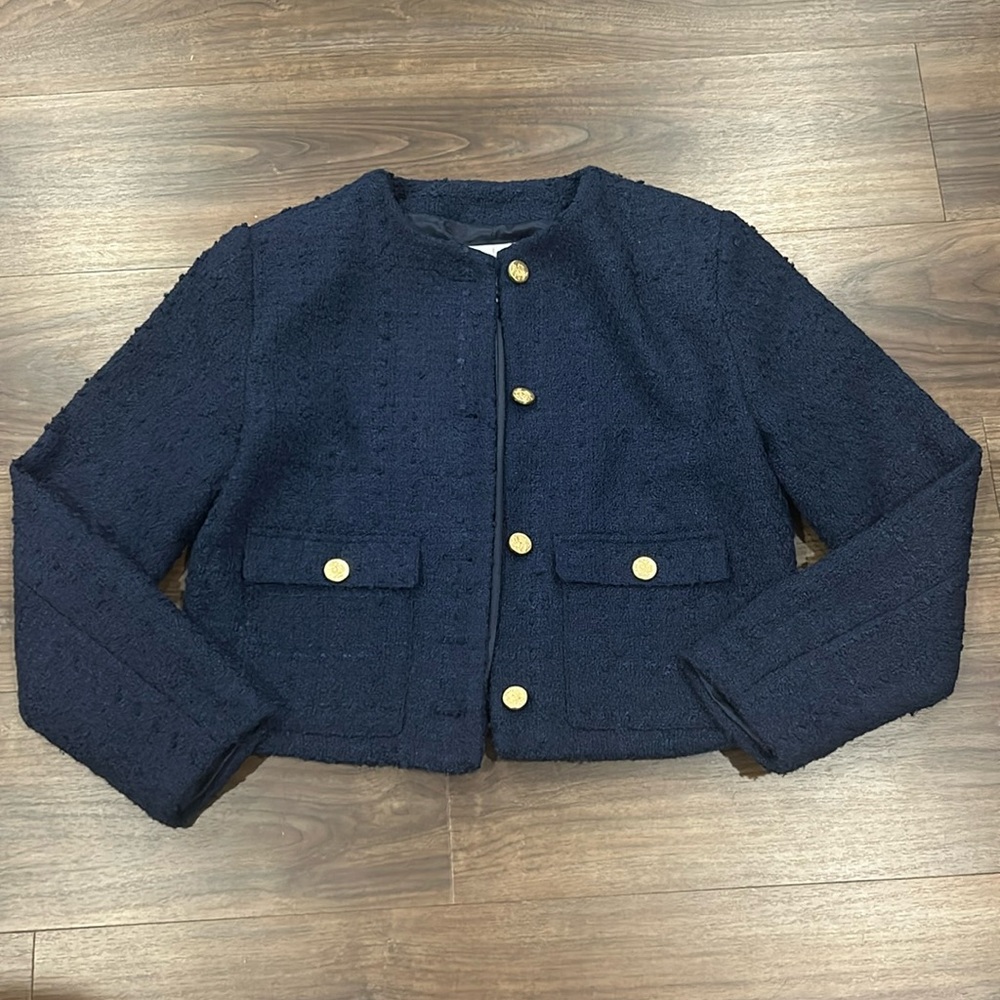 Abercrombie & Fitch Navy Tweed Cropped Blazer with Gold Buttons